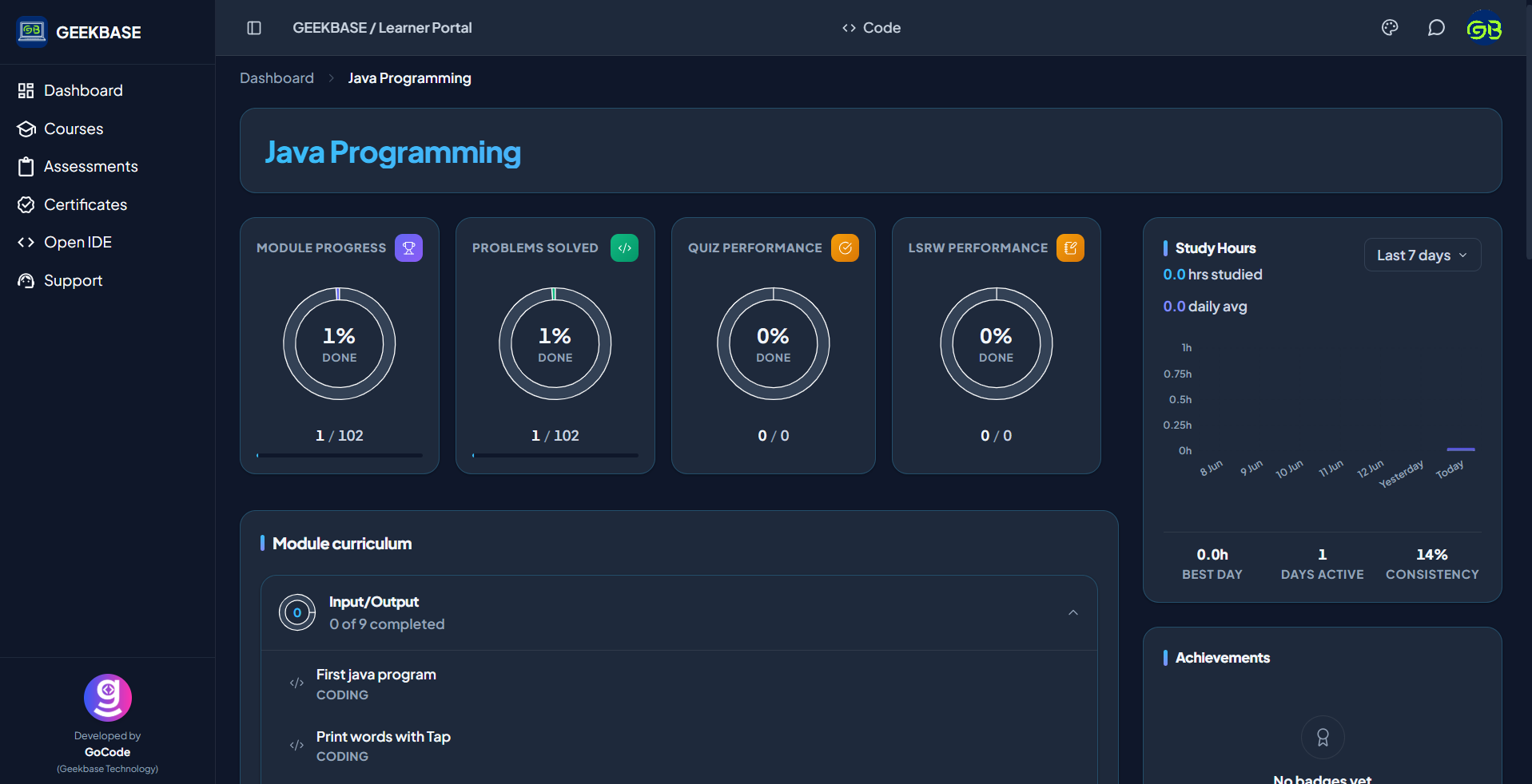 GoCode learner dashboard showing progress, problems solved and analytics